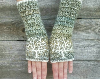Womens Tree of Life Arm Warmers, Embroidered Fingerless Gloves, Green and Cream Fingerless Gloves, Wrist Warmers, Boho Winter, MADE TO ORDER