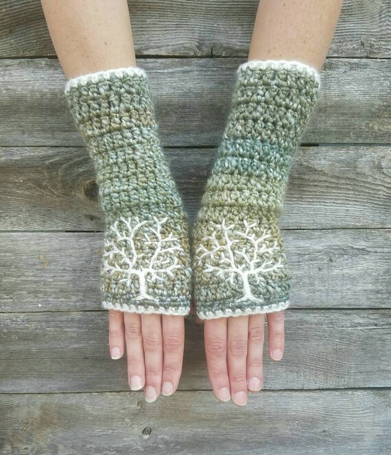 Fingerless Gloves with Tree of Life Embroidery in Green Blue Etsy