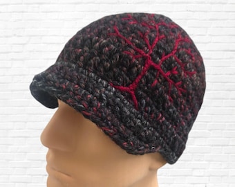 Wool Brimmed Beanie: Gray Winter Hat with Embroidered Tree, Men's Hat with Tree of Life