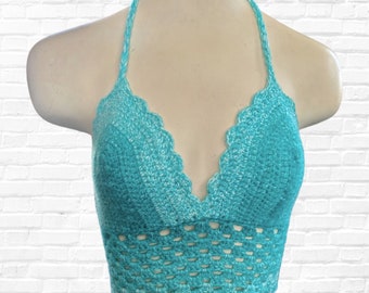 Crochet Festival Top, Crochet Bikini Top, Boho Crochet Bralette, Crochet Summer Top, Boho Bikini Top, Bright Aqua Halter Top, Handmade Gift