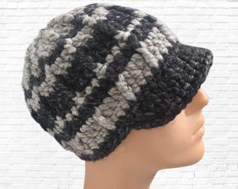 Men’s Wool Blend Crocheted Brim Hat – Handmade Black and Gray Striped Beanie Cap, Chunky Crochet Winter Hat for Him, Warm Gift for Men