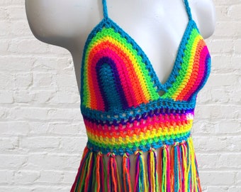Neon Rainbow Crochet Bikini Top with Fringe, Outfit for Festival, Blacklight Responsive Shirt, Colorful Crochet Crop Top, MADE TO ORDER