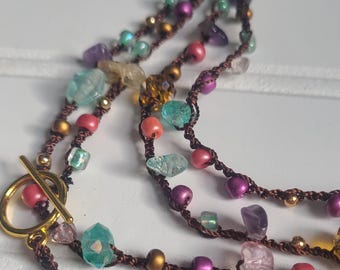 Long Glass Beaded Necklace, Wrap Bracelet,  Crochet Bead Necklace, Teal, Copper, Green, Brown, Gift for Mom, Boho Style-  MADE TO ORDER