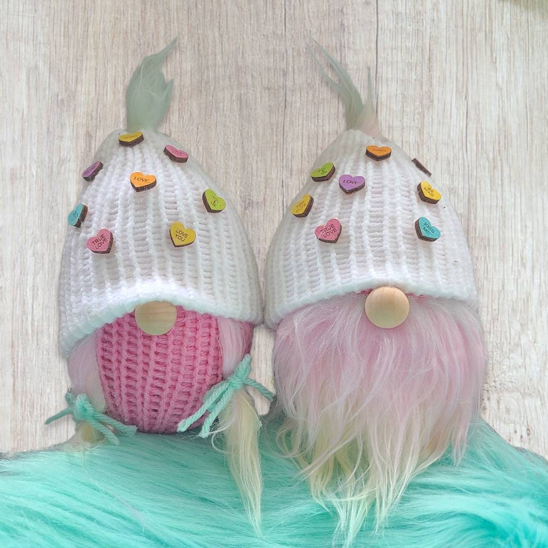 Pastel Rainbow Gnome Set, Valentine Gnome, Knit Plush, Conversation