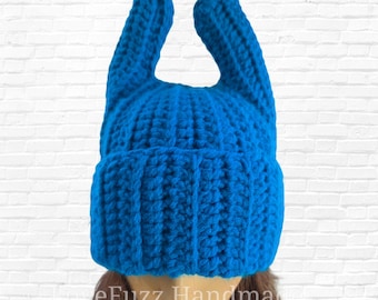 Bunny Inspired Beanie with Horns, Crochet Bunny Hat, Hat With Bunny Ears, Gray Crochet Beanie, Cute Bad Bunny Beanie -Blue