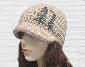 Wool Brimmed Beanie: Beige Winter Hat with Embroidered Pine Tree, Warm Winter Hat with Brim, Evergreen Tree Embroidered Hat