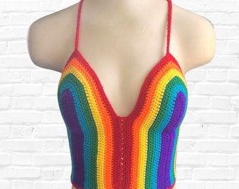 Crochet Rainbow Halter Top: Cotton Bralette, Pride Colors