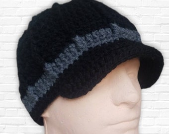 Men's Winter Hat with Brim, Black Men's Hat, Winter Beanie, Brimmed Beanie, Women's Winter Hat, Guy's Beanie, Wool Hat, Made to Order