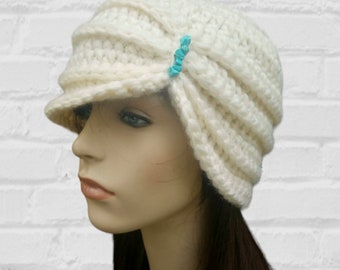 Womens Vintage Inspired Flapper Hat with Turquoise Beading, Cream Wool Hat, 1920s Style Cloche Hat for Her, Beaded Hat - MADE TO ORDER
