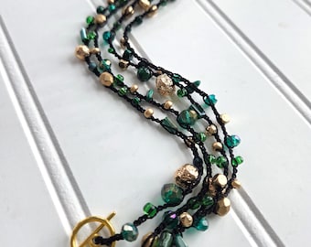 Long Glass Beaded Necklace, Wrap Bracelet,  Crochet Bead Necklace, Forest Green, Black, Gold,  Gift for Mom, Boho Style-  MADE TO ORDER
