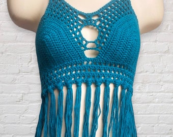 Crochet Fringe Halter Top, Bikini Top, Dark Teal Crochet Top, Boho Fringe Bikini Top, Music Festival Top,  Summer Top for Women, Crop Top