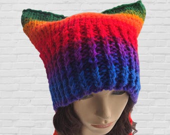 Knit Rainbow Kitty Cat Beanie for Women, Hot Pink Cat Hat, Beanie with Cat Ears, Womens Cat Hat, Cute Kitty Beanie, Handmade Gift for Friend