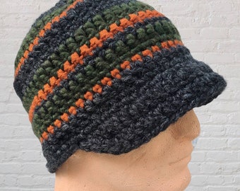 Men's Winter Hat, Striped Hat, Warm Beanie, Wool Hat Gray, Orange, and Green, Men's Baseball Cap, Crochet Hat, Striped Beanie- MADE TO ORDER