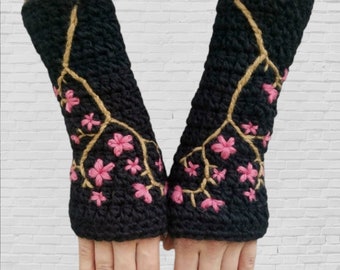Arm Warmers For Women, Cherry Blossom Accessories, Wool Fingerless Gloves Crochet, Black and Pink, Best Christmas gifts for Women, Pre-Order