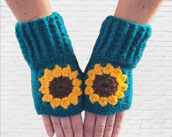 Fingerless Gloves with Sunflowers, Teal Fingerless Gloves, Boho Flower Armwarmers, Women's Crochet Gloves, Gifts for Women, MADE TO ORDER