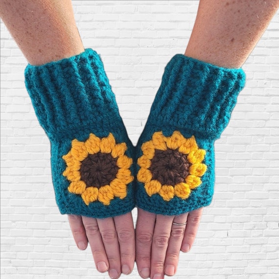 Crochet Fingerless Gloves: Teal Sunflower Arm Warmers - Etsy display picture 1