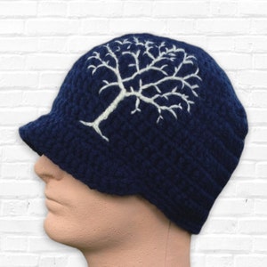 Mens Winter Hat with Brim and Tree of Life, Embroidered Navy Blue Winter Hat, Thick Women's Beanie, Crochet Hat, Gift for her, MADE TO ORDER image 1
