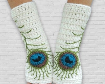 Arm Warmers with Peacock Feathers, Women's Fingerless Gloves, Warm Winter Gloves, Wool Armwarmers, Texting Gloves, Cream, Green, Teal