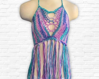 Crochet Fringe Halter Top, Bikini Top, Dark Teal Crochet Top, Boho Fringe Bikini Top, Music Festival Top,  Summer Top for Women, Crop Top