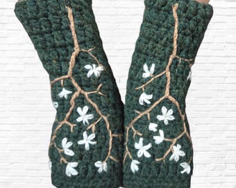 Arm Warmers with Cherry Blossom Embroidery, Women's Fingerless Gloves, Christmas Gift for Her, Dark Forest Green Accessories, READY TO SHIP