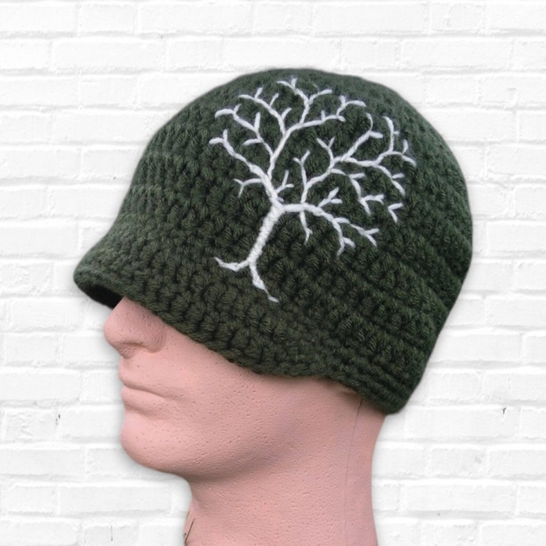 Winter Hat with Tree of Life, Brimmed Beanie, Mens Hat, Woman's Hat, Tree Hat, Dark Green and Cream Beanie, Gifts for guys, MADE TO ORDER image 1