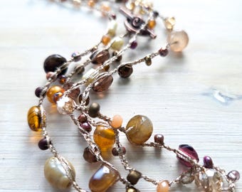Long Crochet Beaded Necklace: Earth Tone Boho Jewelry, Brown and tan necklace, Czech Glass Beaded Necklace