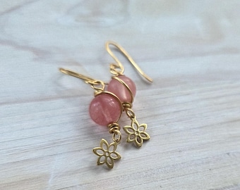 Handmade Rose Quartz Flower Earrings, Gold Tone Boho Dangle Jewelry
