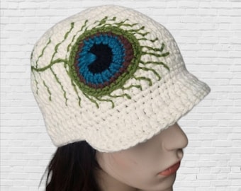 Cotton Winter Hat For Women, Peacock Feather Embroidery Design, Women's Winter Hats, Brimmed Hat for Women, Brimmed Beanie, Cream, Teal