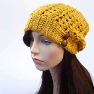 Womens Lacy Slouchy Winter Hat, Mustard Yellow with Copper Buttons, Woman's Crochet Beanie, Yellow Hat, Boho Beanie MADE TO ORDER image 4