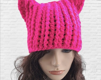 Kitty Cat Hat, Cat Beanie for Women, Hot Pink Cat Hat, Beanie with Cat Ears, Womens Cat Hat, Cute Kitty Beanie, Handmade Gift for Friend