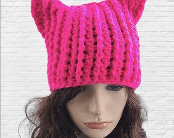 Kitty Cat Hat, Cat Beanie voor vrouwen, felroze kattenhoed, muts met kattenoren, Womens Cat Hat, Cute Kitty Beanie, handgemaakt cadeau voor vriend