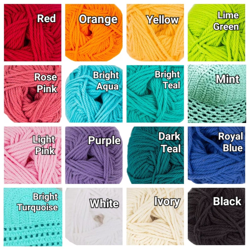 May include: A collection of yarn balls in various colors, including red, orange, yellow, lime green, rose pink, bright aqua, bright teal, mint, light pink, purple, dark teal, royal blue, bright turquoise, white, ivory, and black.