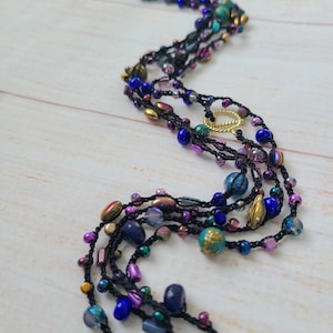 Long Beaded Necklace, Delicate Crochet Necklace, Wrap Bracelet, Crochet Jewelry, Gift for Her, Blue, Purple, Teal Gold, Black, MADE TO ORDER