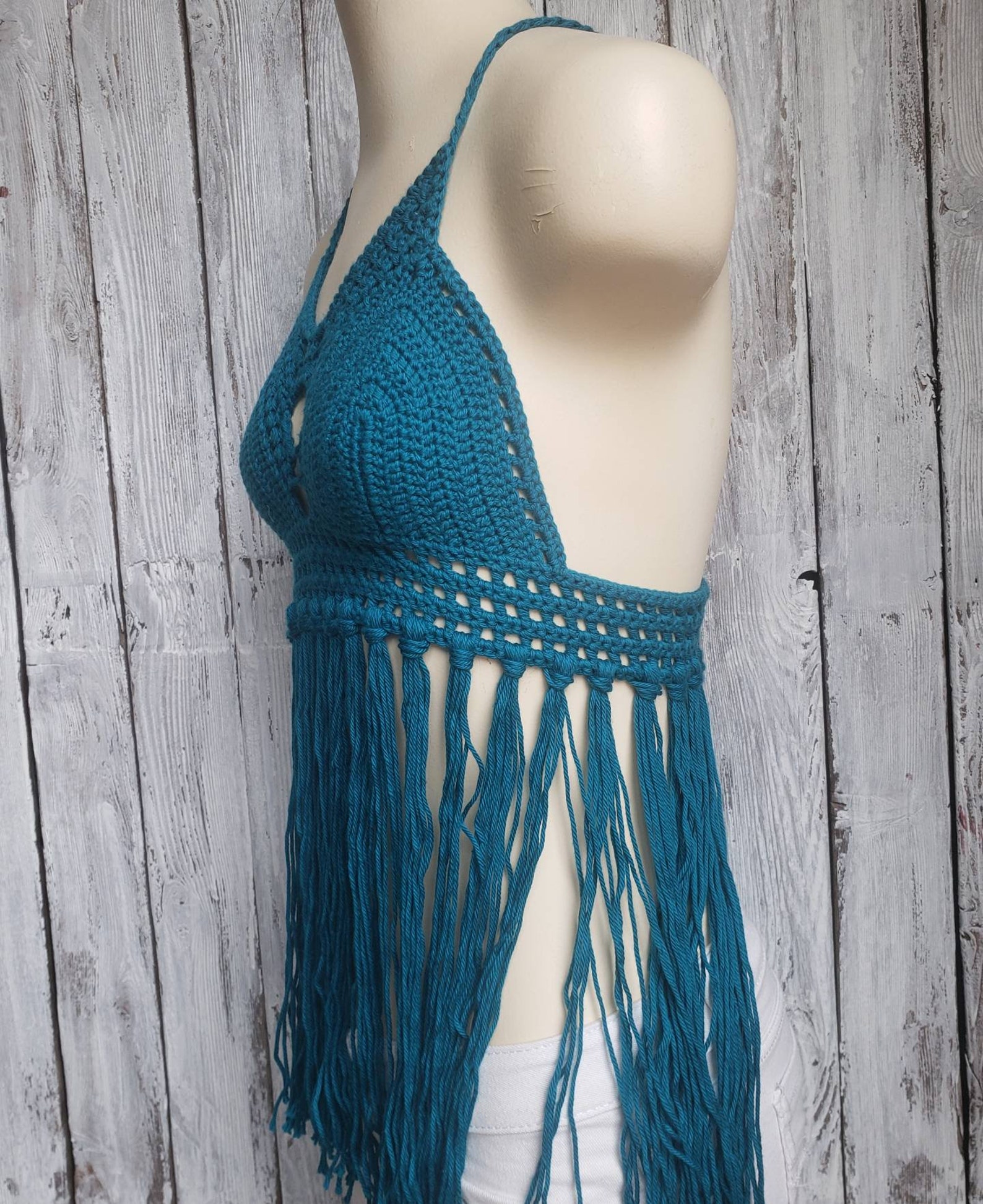 Crochet Fringe Halter Top Bikini Top Dark Teal Crochet Top Etsy
