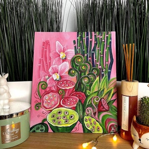 Pintura original de ramo de flores en acrílico sobre lienzo con arreglo de nenúfar rosa y bambú verde, obra de arte floral con ambiente veraniego para regalo.
