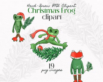 Christmas Frog Clipart PNG, Hand Draw Holiday Animal Art (Digital Download)
