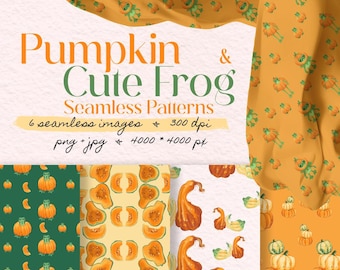 Pumpkin Frog Seamless Patterns, Halloween Digital Paper (PNG, JPG)