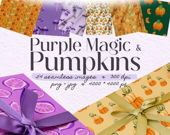 Pumpkin Purple Magic Seamless Pattern: Fall Autumn Digital Paper (PNG, JPG)