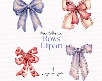 Watercolor Bows Clipart, Coquette Pink and Blue PNG, Vintage Ribbon Bundle (Digital Download)