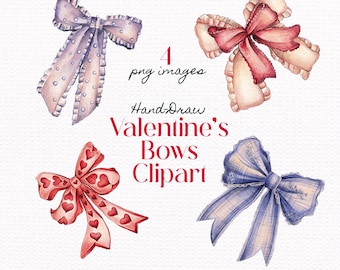 Valentine’s Day Bow Clipart, Heart Ribbon, Romantic Set, Love Graphics, Wedding Invitation Element (Digital Download PNG)