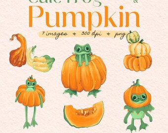 Frog and Pumpkin Halloween Clipart: Hand-Drawn PNG Bundle (Digital Download)