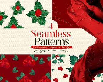 Holly Berry Seamless Patterns, Rustic Winter Art (PNG, JPG Digital Download)