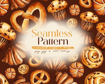 Watercolor Bakery Seamless Pattern: Pastry, Croissant, Pretzel, Muffin, Bread (Digital Paper PNG, JPG)