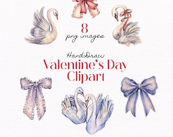Watercolor Swan Clipart: Valentine's Day Birds & Bows (Digital PNG)