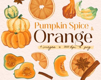 Pumpkin Spice Clipart Set, Dried Orange, Botanical Line Art (PNG Digital Download)