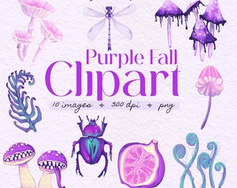 Purple Fall Forest Clipart Set, Hand Drawn Magic Mushroom, Bugs (PNG Digital Download)