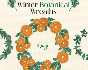 Winter Floral Wreaths Clipart: Hand-Drawn Christmas PNG Set (6 Files)