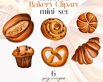 Watercolor Bakery Clipart: Croissant, Muffin, Bread, Cinnabon (Digital Download PNG)