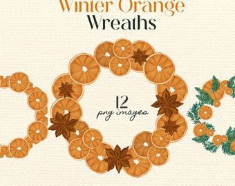 Winter Orange Wreaths Clipart Set: Dried Citrus, Spices and Tree Art (Digital PNG)