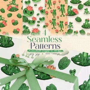 Puede incluir: Cuatro patrones sin costuras con ranas verdes, hojas de nenúfar y flores rosas. Los patrones se muestran sobre fondos de color naranja claro y blanco. La imagen también incluye un regalo envuelto con una cinta verde y el texto "4 Seamless Patterns".